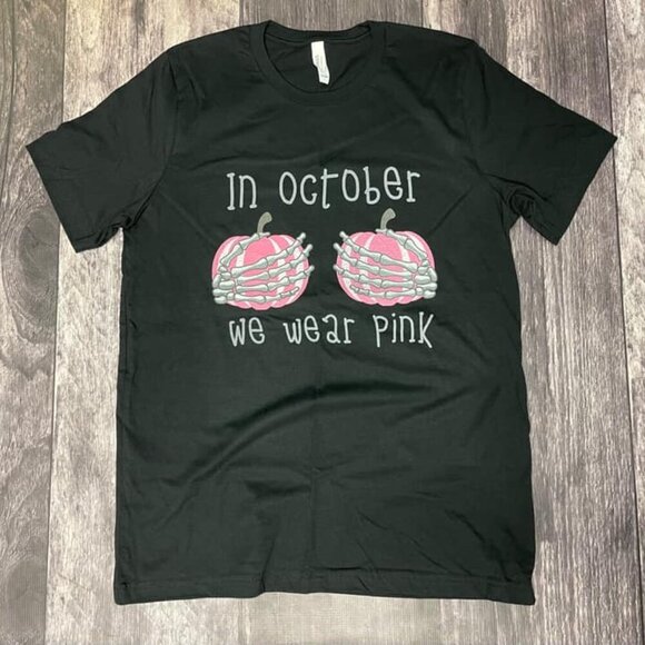 Breast Cancer Awareness Tee Large In October We Wear Pink Skellie Hands Pumpkins - Picture 1 of 8